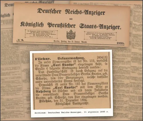 Obwieszczenie Sądowe z 31 grudnia 1894 r. o dziedziczeniu przez Berthę Knospe
