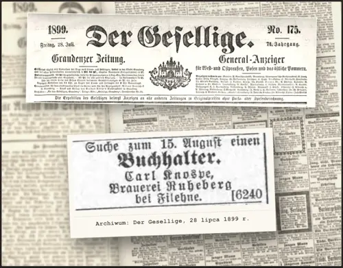 Ogłoszenie z 28 lipca 1899 roku w Der Gesellige