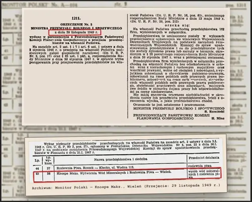 Monitor Polski z 1949 r. z wpisem wywłaszczeniowym firmy Knospe Maks
